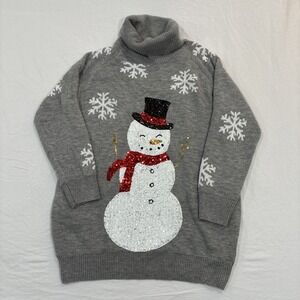 Christmas Snowman Sweater Womens XL Gray Turtleneck Pockets Holiday Casual